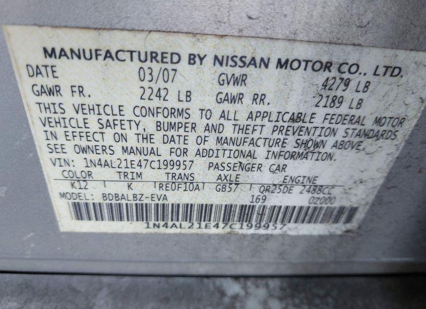 Photo 9 of 2007 Nissan Altima 2.5 S (VIN 1N4AL21E47C199957)