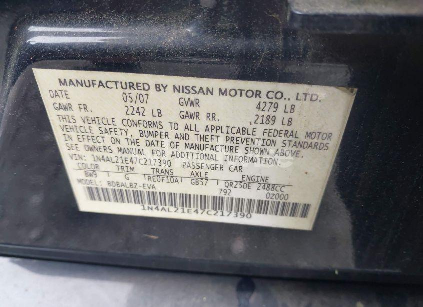 Photo 9 of 2007 Nissan Altima 2.5 S (VIN 1N4AL21E47C217390)