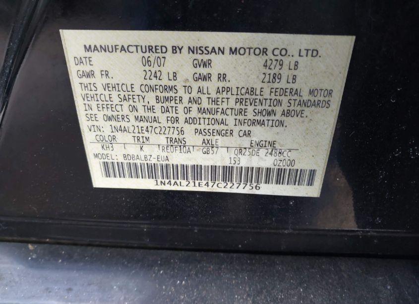 Photo 9 of 2007 Nissan Altima 2.5 S (VIN 1N4AL21E47C227756)