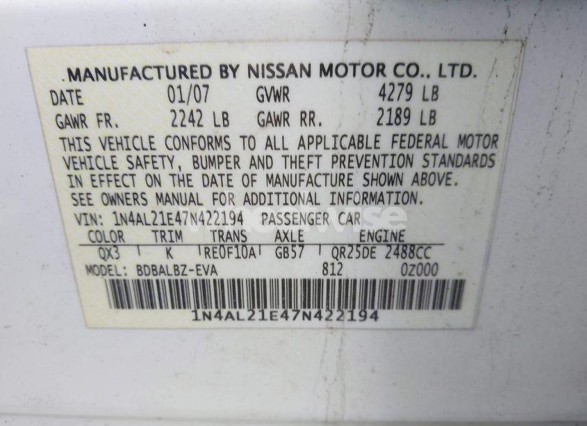 Photo 9 of 2007 Nissan Altima 2.5 S (VIN 1N4AL21E47N422194)