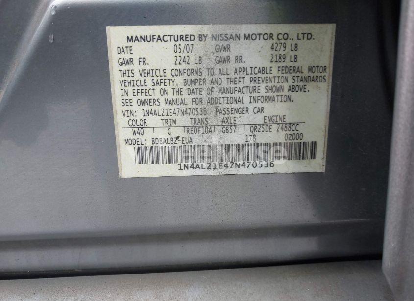 Photo 9 of 2007 Nissan Altima 2.5 S (VIN 1N4AL21E47N470536)