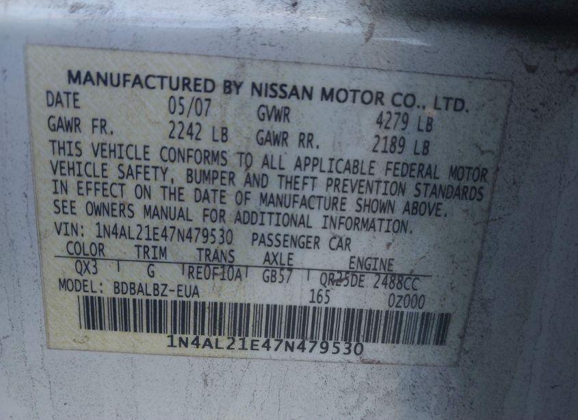 Photo 9 of 2007 Nissan Altima 2.5 S (VIN 1N4AL21E47N479530)