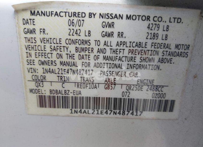 Photo 9 of 2007 Nissan Altima 2.5 S (VIN 1N4AL21E47N487417)