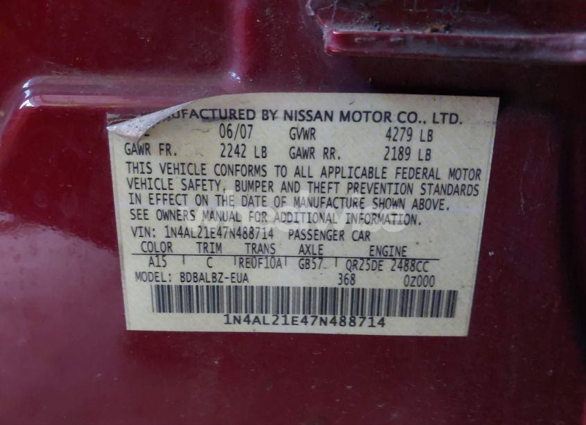 Photo 9 of 2007 Nissan Altima 2.5 S (VIN 1N4AL21E47N488714)