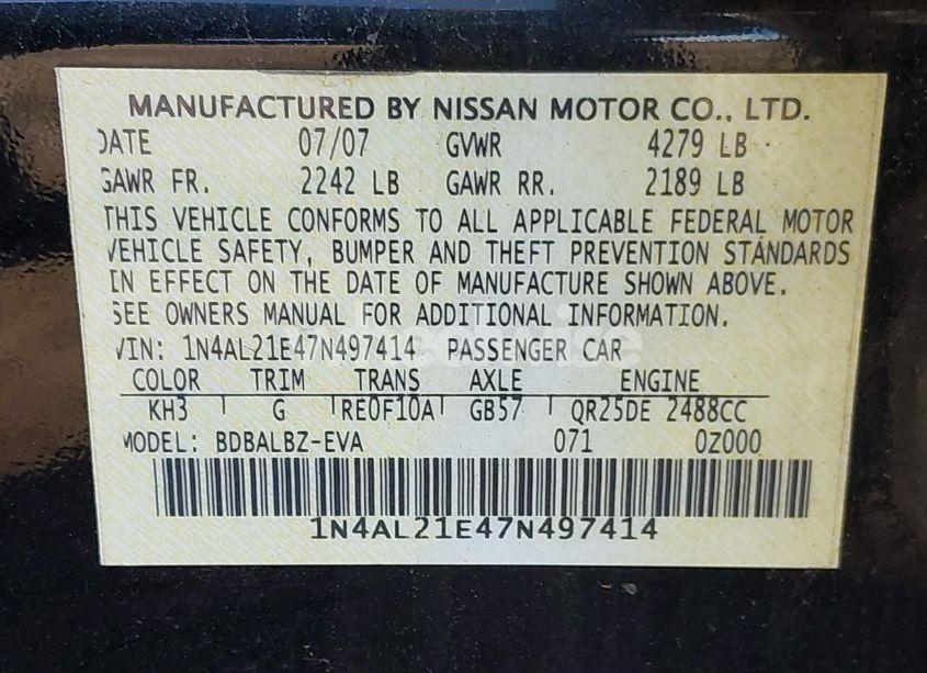 Photo 9 of 2007 Nissan Altima 2.5 S (VIN 1N4AL21E47N497414)