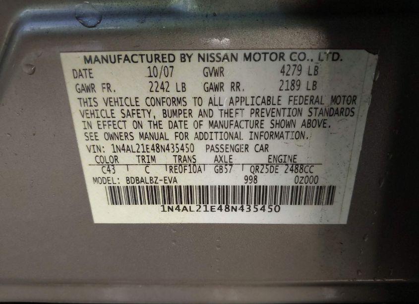 Photo 9 of 2008 Nissan Altima 2.5 S (VIN 1N4AL21E48N435450)