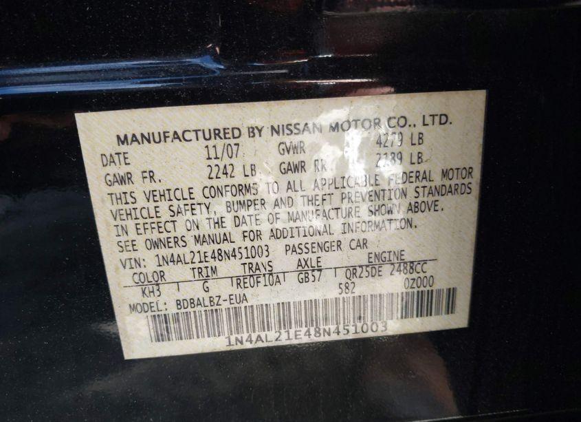 Photo 9 of 2008 Nissan Altima 2.5 S (VIN 1N4AL21E48N451003)