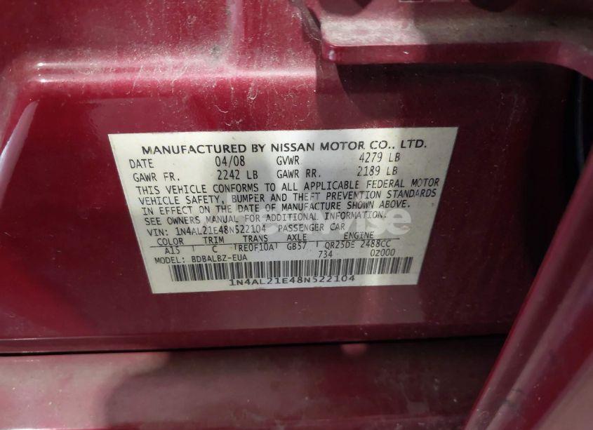 Photo 9 of 2008 Nissan Altima 2.5 S (VIN 1N4AL21E48N522104)