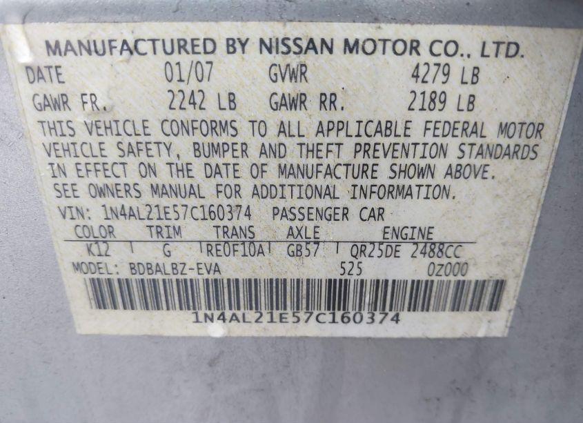 Photo 9 of 2007 Nissan Altima 2.5 S (VIN 1N4AL21E57C160374)