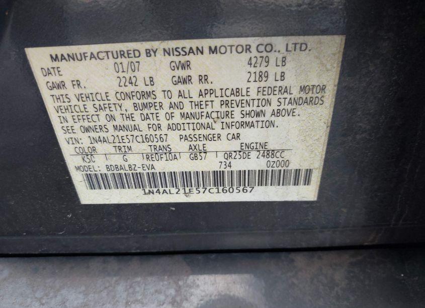 Photo 9 of 2007 Nissan Altima 2.5 S (VIN 1N4AL21E57C160567)