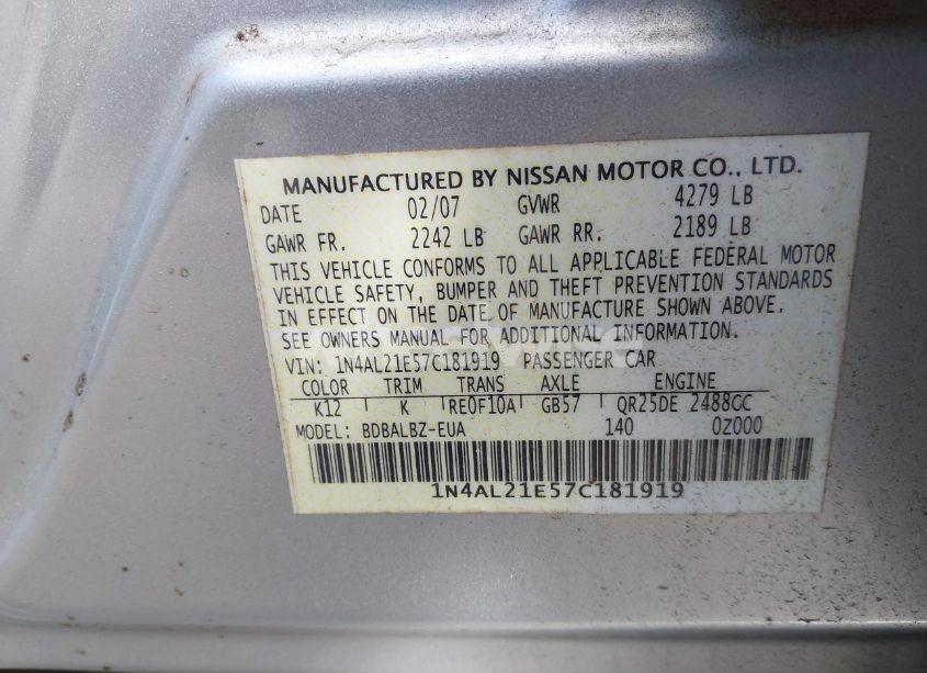 Photo 9 of 2007 Nissan Altima 2.5 S (VIN 1N4AL21E57C181919)