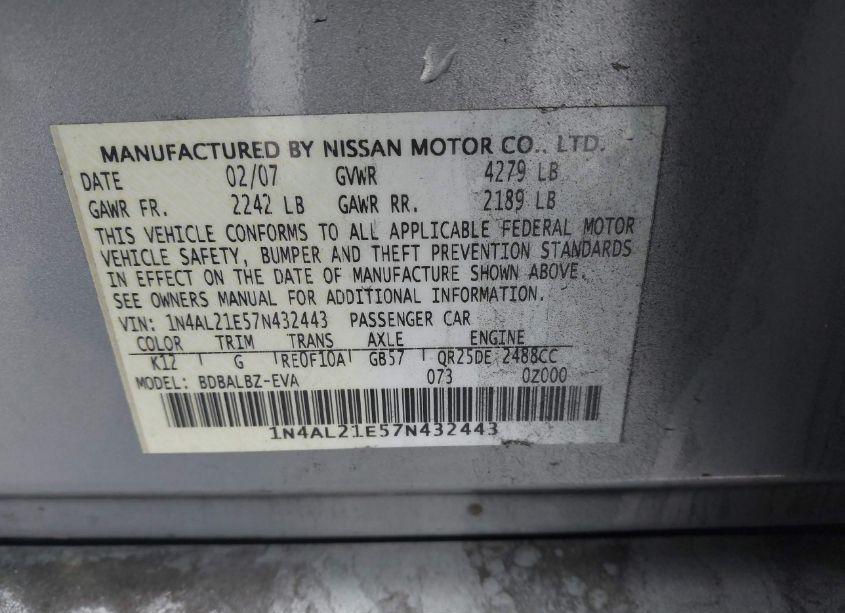 Photo 9 of 2007 Nissan Altima 2.5 S (VIN 1N4AL21E57N432443)