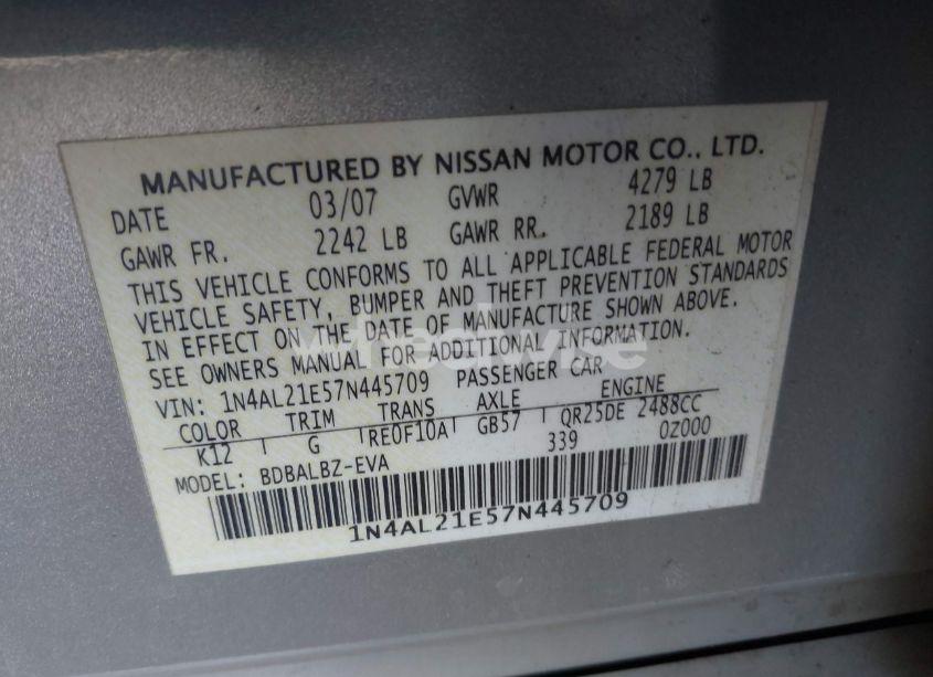 Photo 9 of 2007 Nissan Altima 2.5 S (VIN 1N4AL21E57N445709)