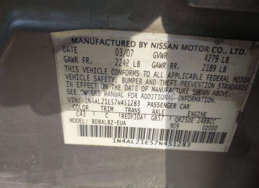 Photo 9 of 2007 Nissan Altima 2.5 S (VIN 1N4AL21E57N451283)