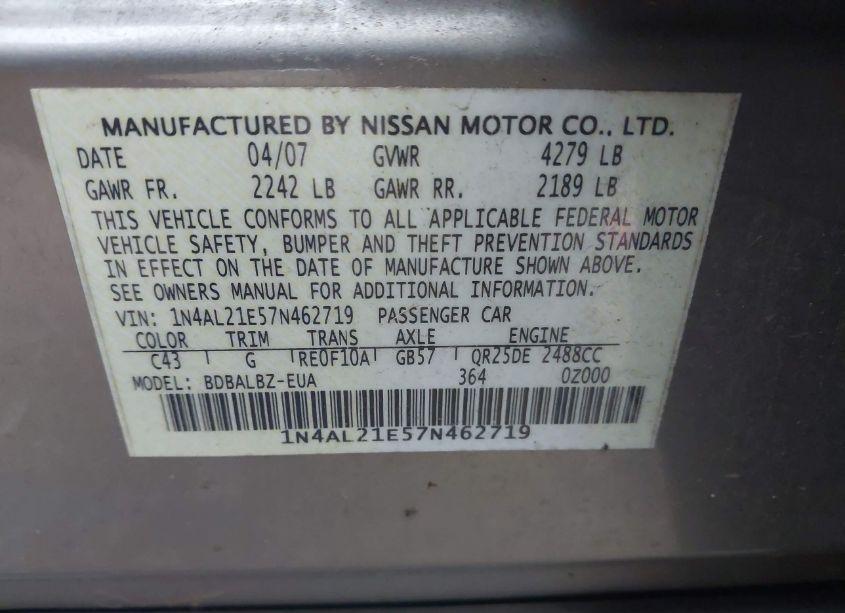 Photo 9 of 2007 Nissan Altima 2.5 S (VIN 1N4AL21E57N462719)