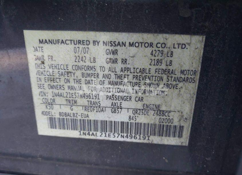 Photo 9 of 2007 Nissan Altima 2.5 S (VIN 1N4AL21E57N496191)