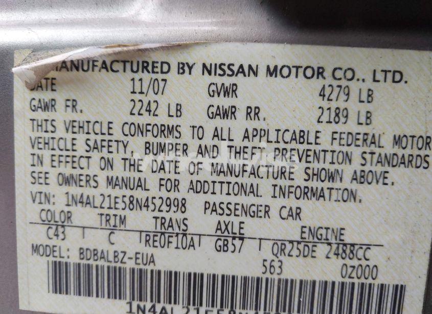 Photo 9 of 2008 Nissan Altima 2.5 S (VIN 1N4AL21E58N452998)