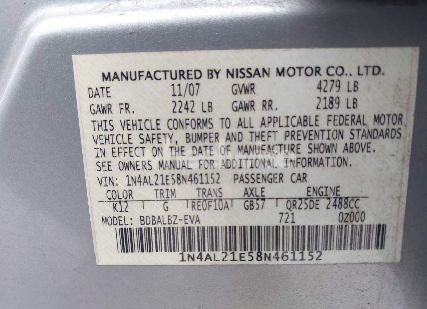 Photo 9 of 2008 Nissan Altima 2.5 S (VIN 1N4AL21E58N461152)