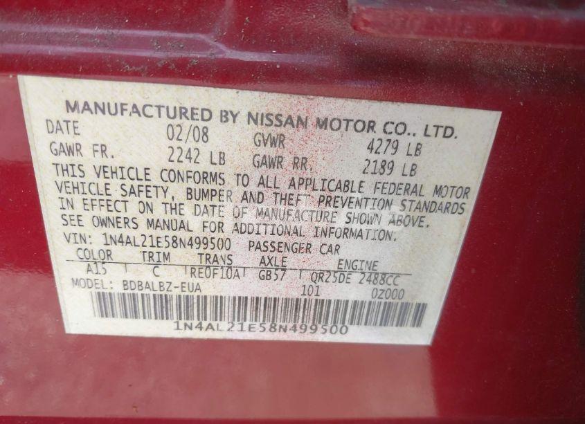 Photo 9 of 2008 Nissan Altima 2.5 S (VIN 1N4AL21E58N499500)