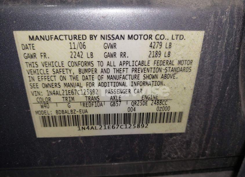 Photo 9 of 2007 Nissan Altima 2.5 S (VIN 1N4AL21E67C125892)