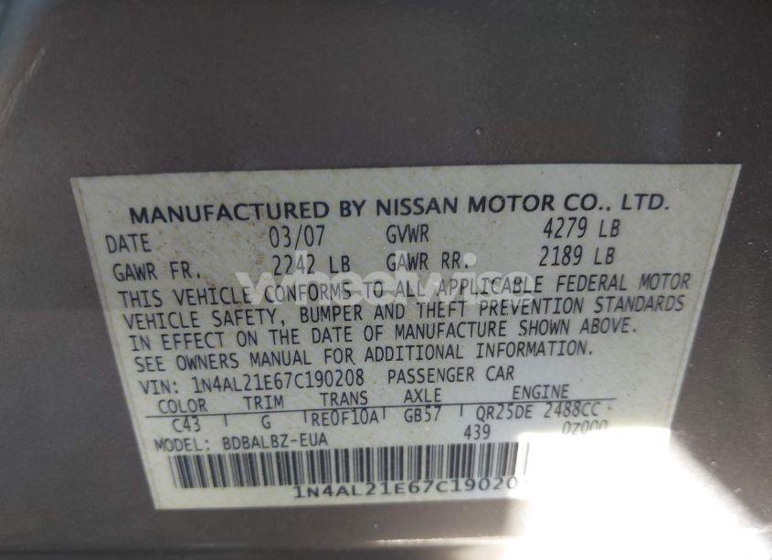 Photo 9 of 2007 Nissan Altima 2.5 S (VIN 1N4AL21E67C190208)