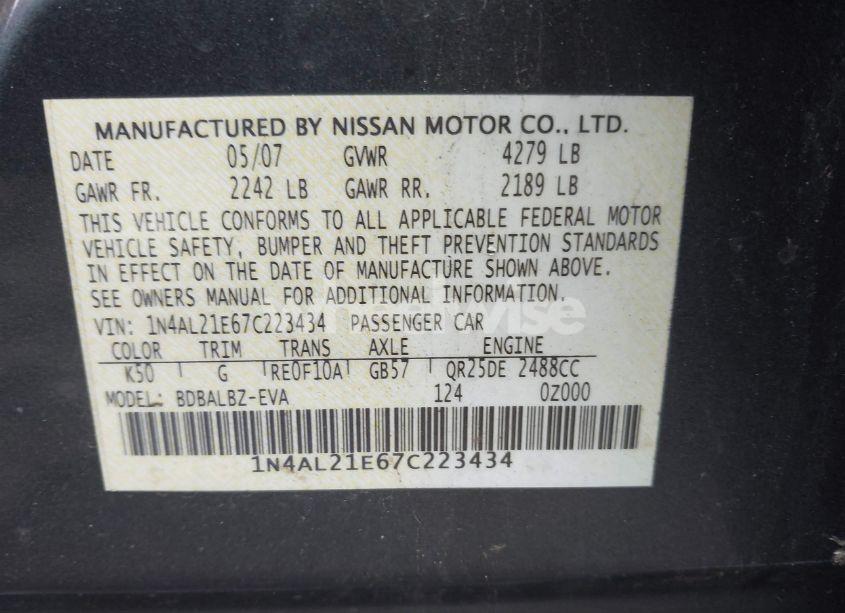 Photo 9 of 2007 Nissan Altima 2.5 S (VIN 1N4AL21E67C223434)