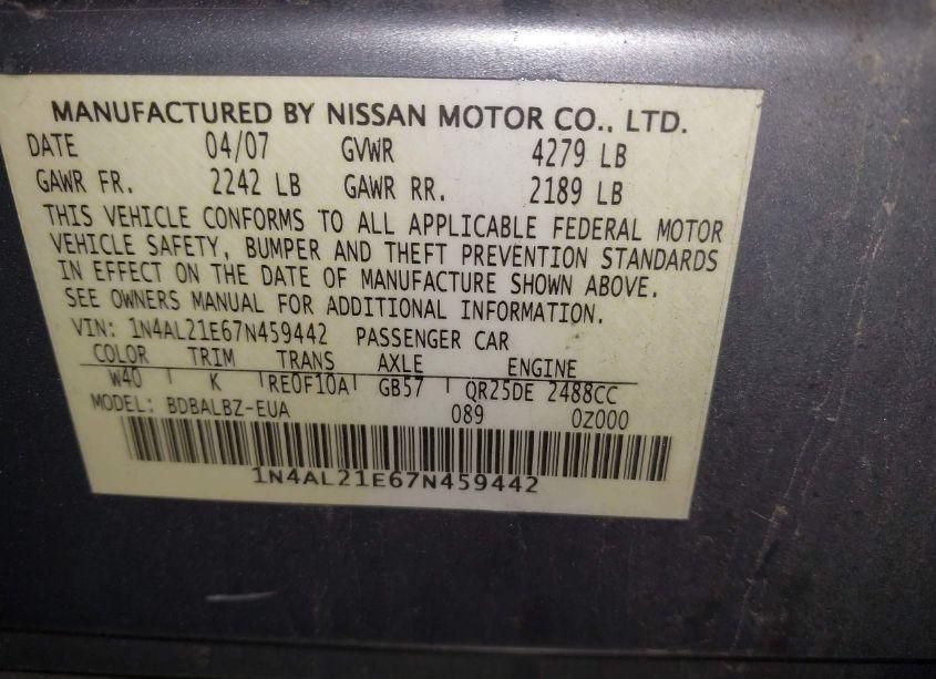 Photo 9 of 2007 Nissan Altima 2.5 S (VIN 1N4AL21E67N459442)