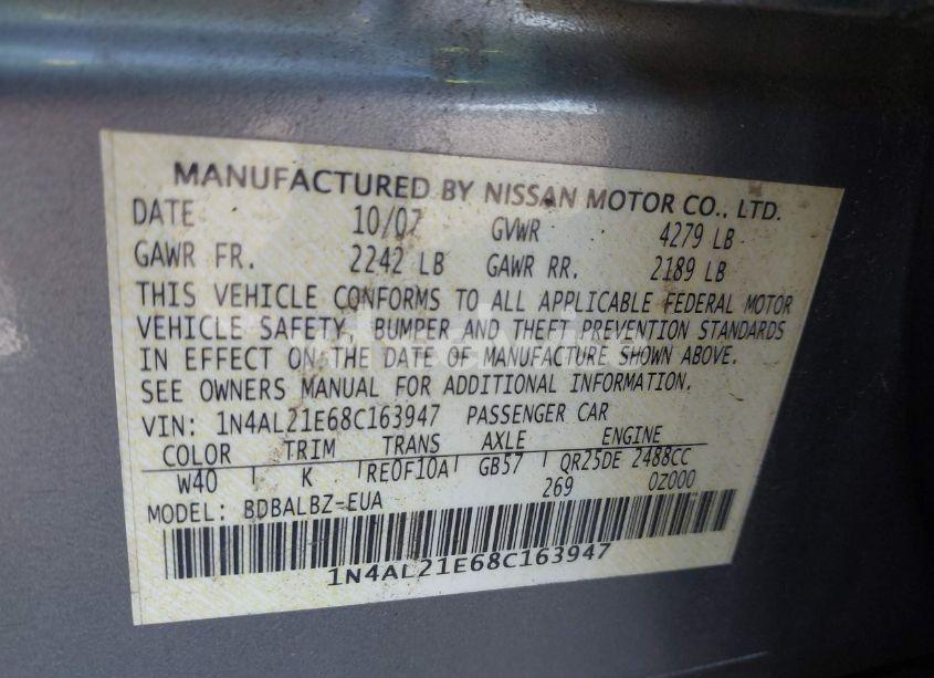 Photo 9 of 2008 Nissan Altima 2.5 S (VIN 1N4AL21E68C163947)