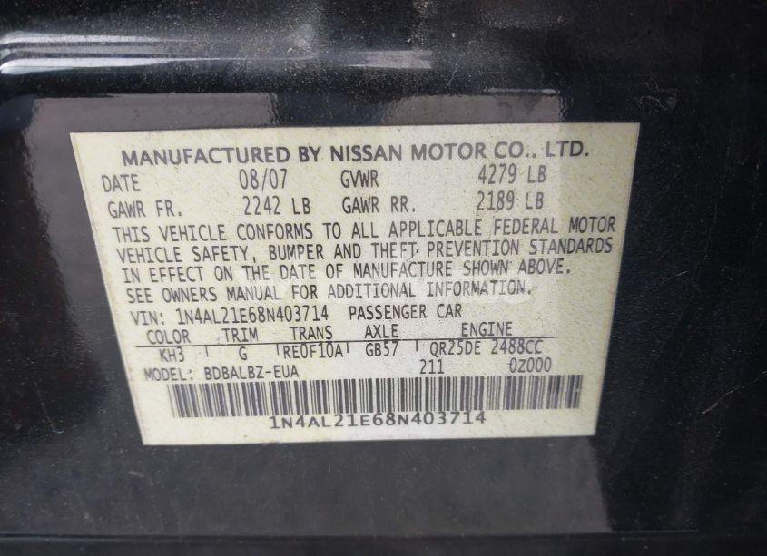 Photo 9 of 2008 Nissan Altima 2.5 S (VIN 1N4AL21E68N403714)