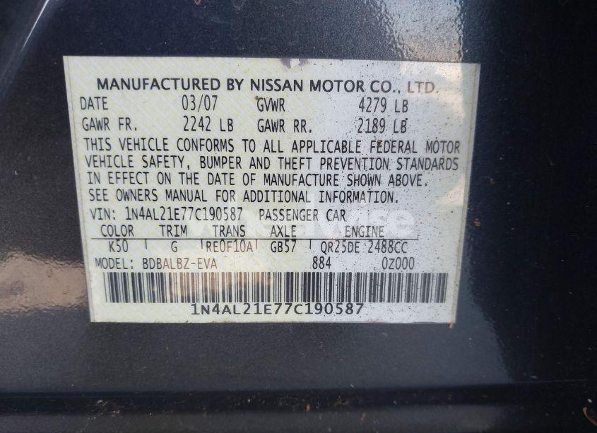 Photo 9 of 2007 Nissan Altima 2.5 S (VIN 1N4AL21E77C190587)