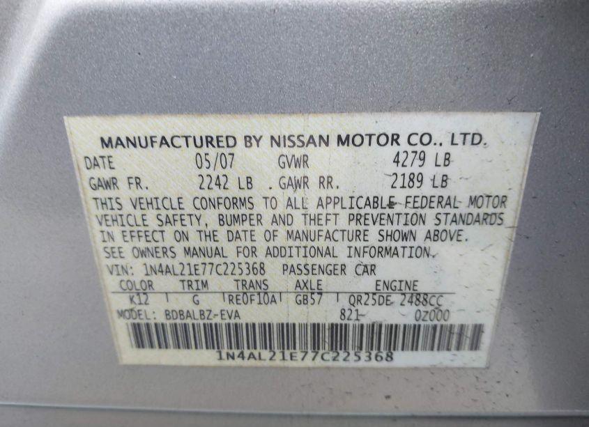 Photo 9 of 2007 Nissan Altima 2.5 S (VIN 1N4AL21E77C225368)
