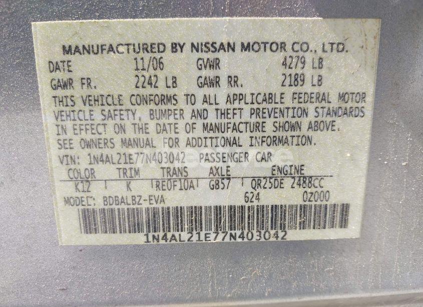 Photo 9 of 2007 Nissan Altima 2.5 S (VIN 1N4AL21E77N403042)