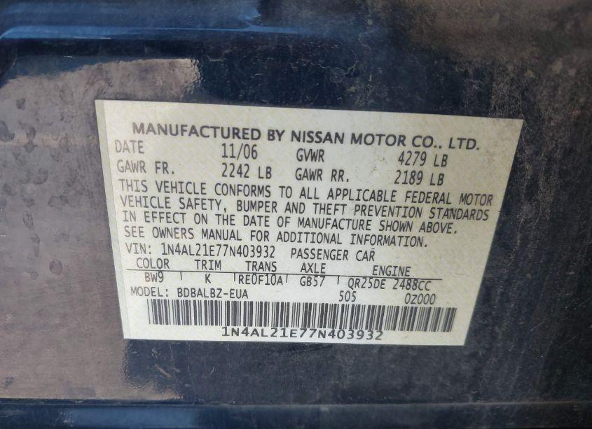 Photo 9 of 2007 Nissan Altima 2.5 S (VIN 1N4AL21E77N403932)