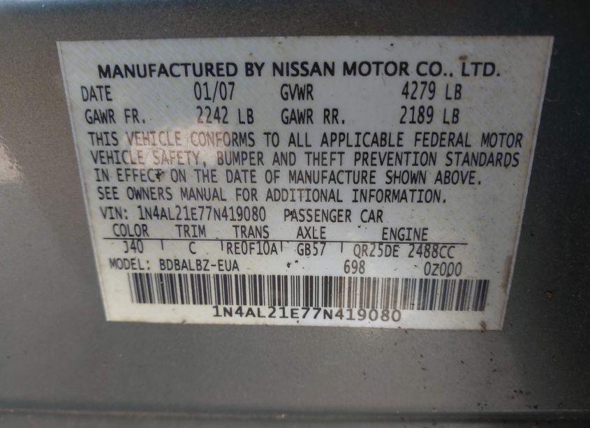 Photo 9 of 2007 Nissan Altima 2.5 S (VIN 1N4AL21E77N419080)