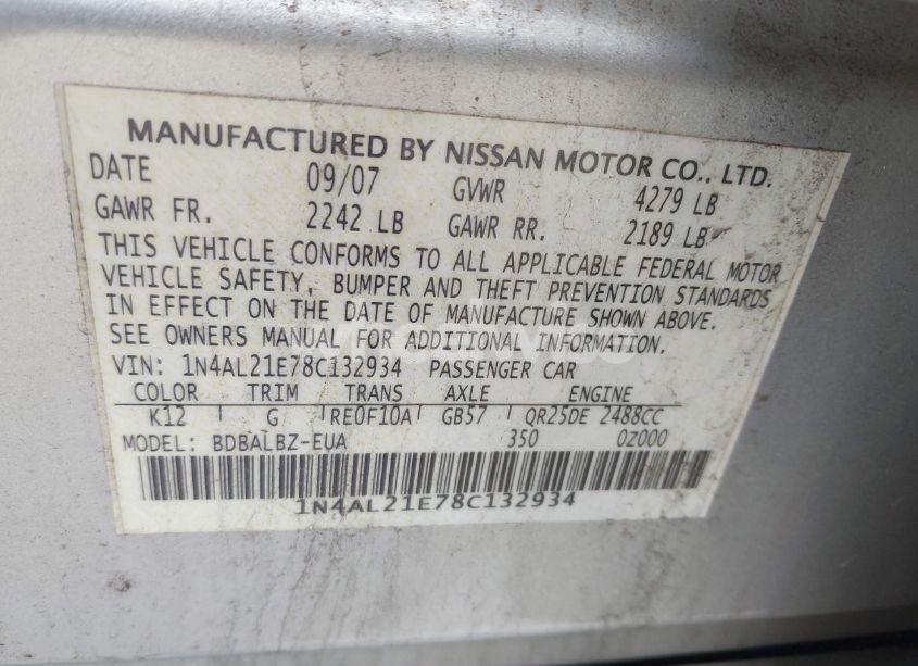 Photo 9 of 2008 Nissan Altima 2.5 S (VIN 1N4AL21E78C132934)