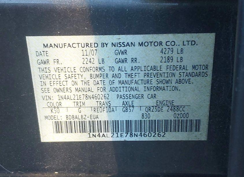 Photo 9 of 2008 Nissan Altima 2.5 S (VIN 1N4AL21E78N460262)