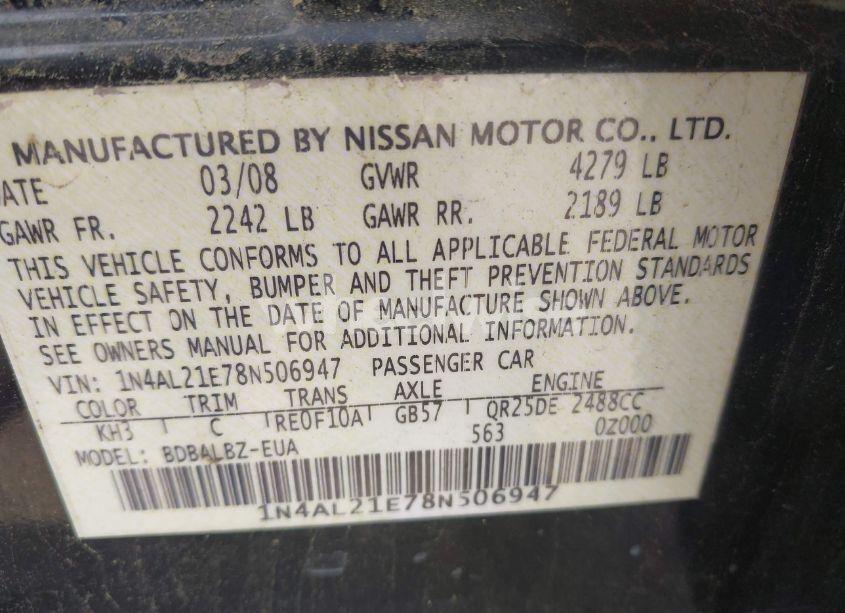 Photo 9 of 2008 Nissan Altima 2.5 S (VIN 1N4AL21E78N506947)