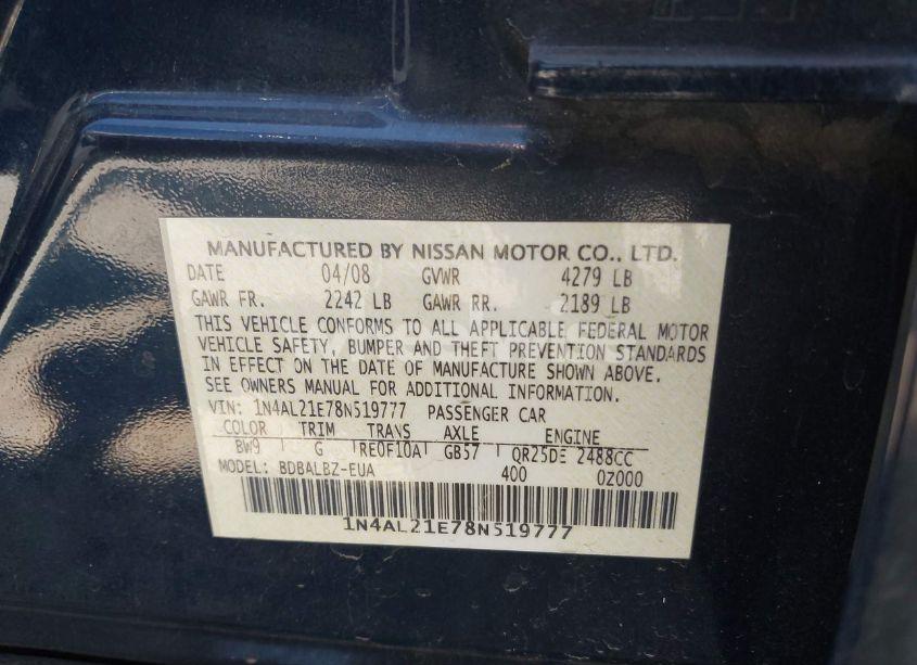 Photo 9 of 2008 Nissan Altima 2.5 S (VIN 1N4AL21E78N519777)