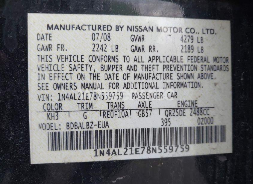 Photo 9 of 2008 Nissan Altima 2.5 S (VIN 1N4AL21E78N559759)