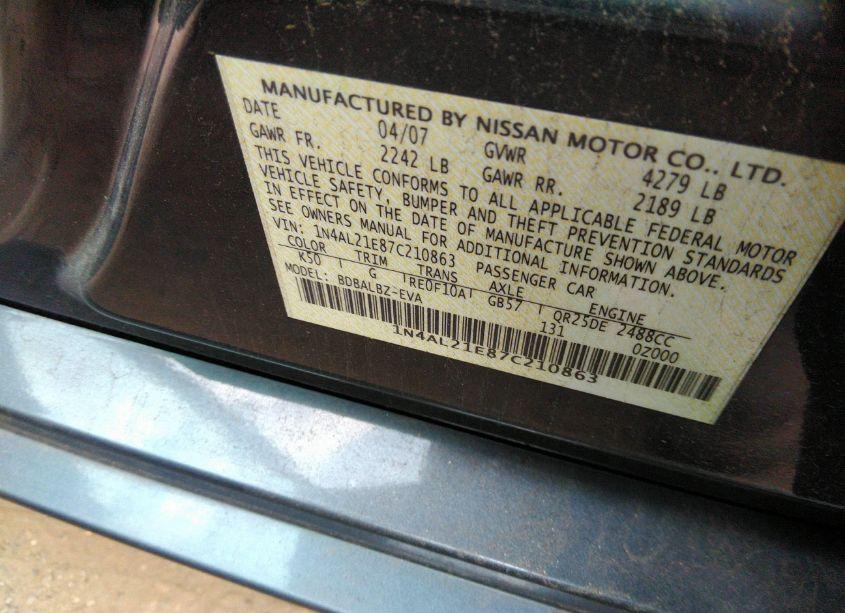 Photo 9 of 2007 Nissan Altima 2.5 S (VIN 1N4AL21E87C210863)