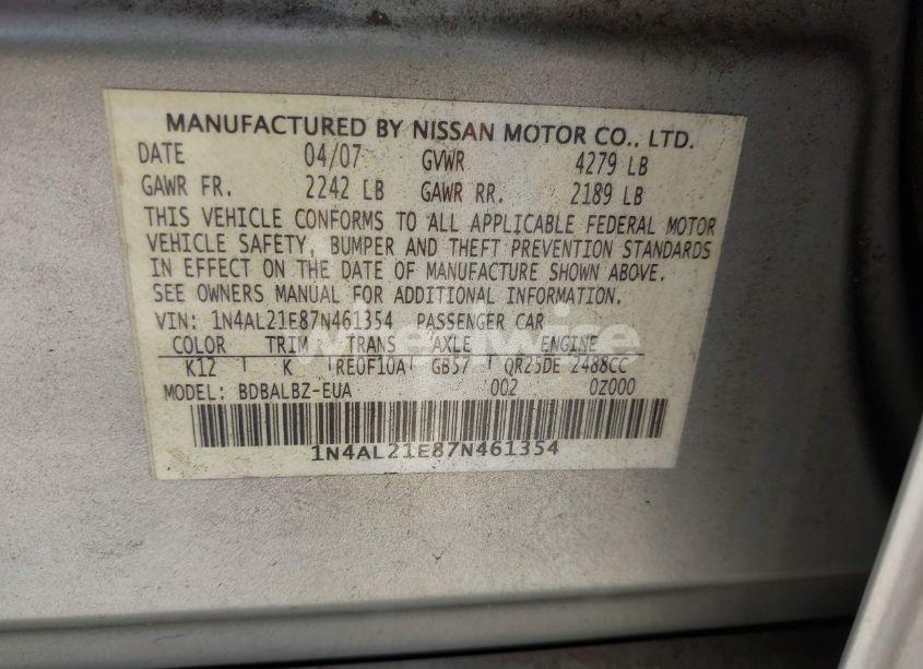 Photo 9 of 2007 Nissan Altima 2.5 S (VIN 1N4AL21E87N461354)