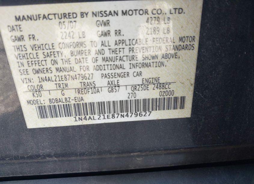 Photo 9 of 2007 Nissan Altima 2.5 S (VIN 1N4AL21E87N479627)