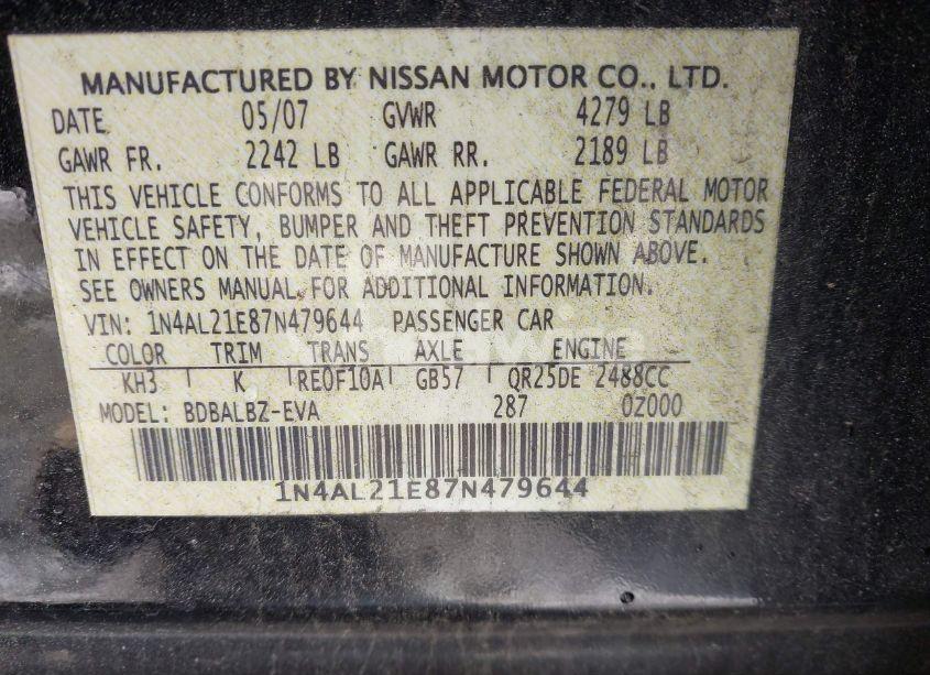 Photo 9 of 2007 Nissan Altima 2.5 S (VIN 1N4AL21E87N479644)