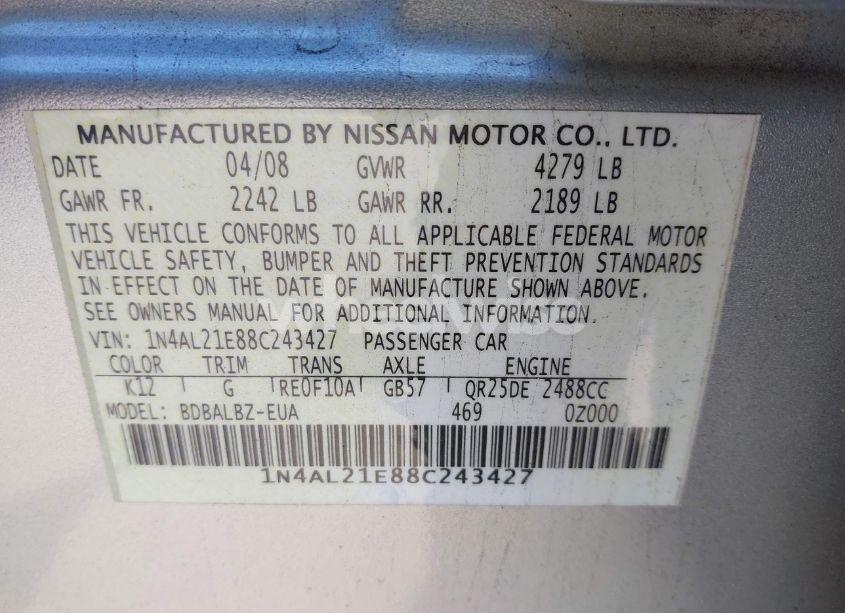 Photo 9 of 2008 Nissan Altima 2.5 S (VIN 1N4AL21E88C243427)