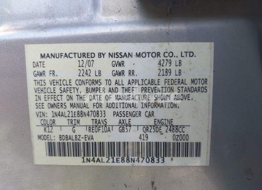 Photo 9 of 2008 Nissan Altima 2.5 S (VIN 1N4AL21E88N470833)