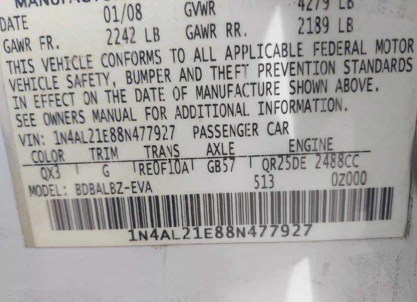 Photo 9 of 2008 Nissan Altima 2.5 S (VIN 1N4AL21E88N477927)