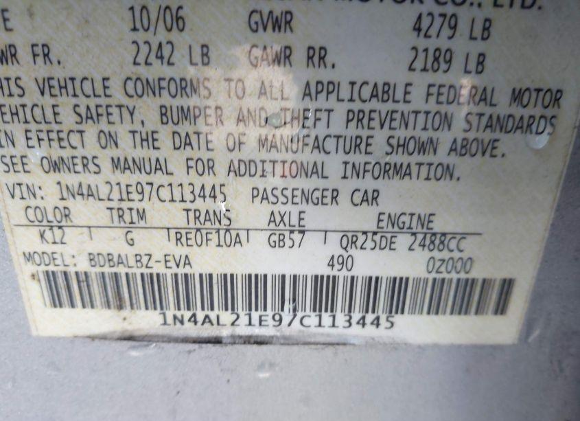 Photo 9 of 2007 Nissan Altima 2.5 S (VIN 1N4AL21E97C113445)