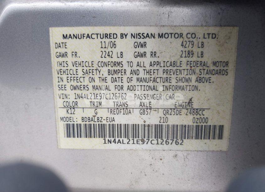 Photo 9 of 2007 Nissan Altima 2.5 S (VIN 1N4AL21E97C126762)