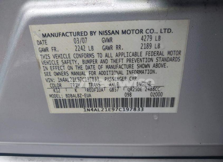 Photo 9 of 2007 Nissan Altima 2.5 S (VIN 1N4AL21E97C197833)