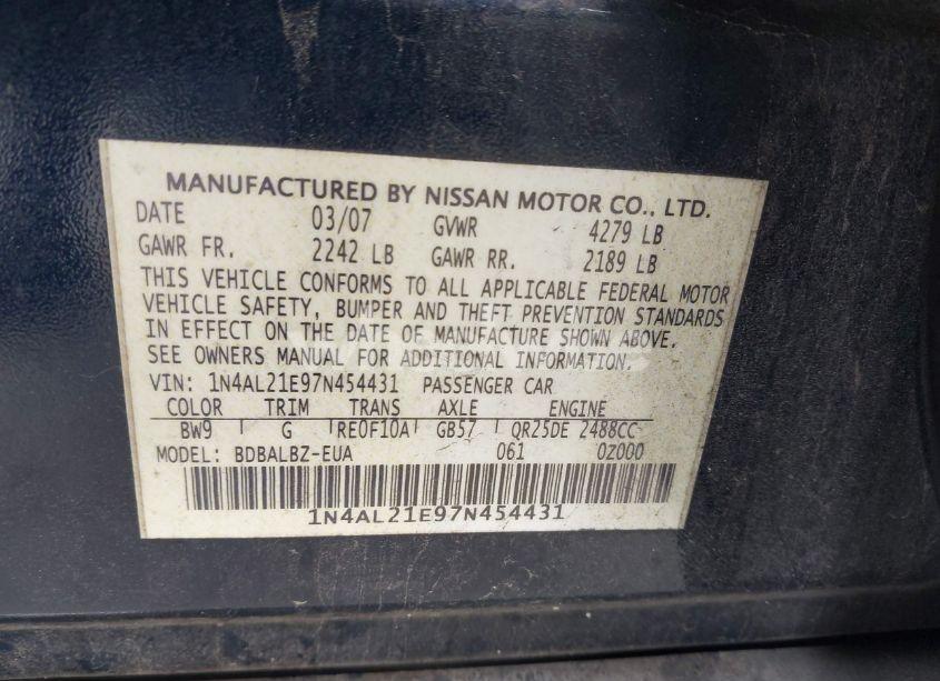 Photo 9 of 2007 Nissan Altima 2.5 S (VIN 1N4AL21E97N454431)